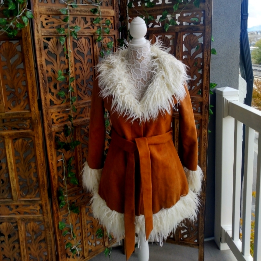UNIF Penny Lane Faux Leather Coat, Mongolian Faux Fur Collar, Women's M